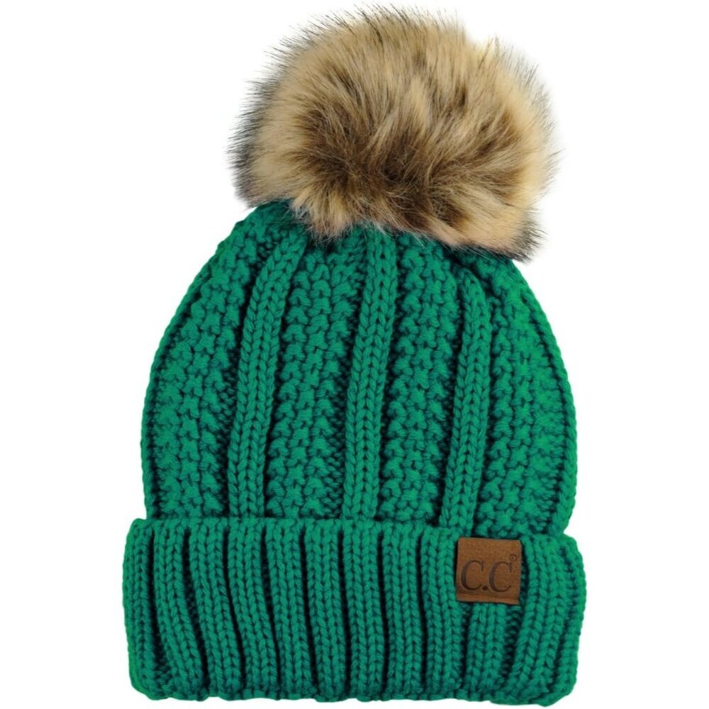 Thick Cable Knit Faux Fuzzy Fur Pom Fleece Lined Skull Cap Cuff Beanie